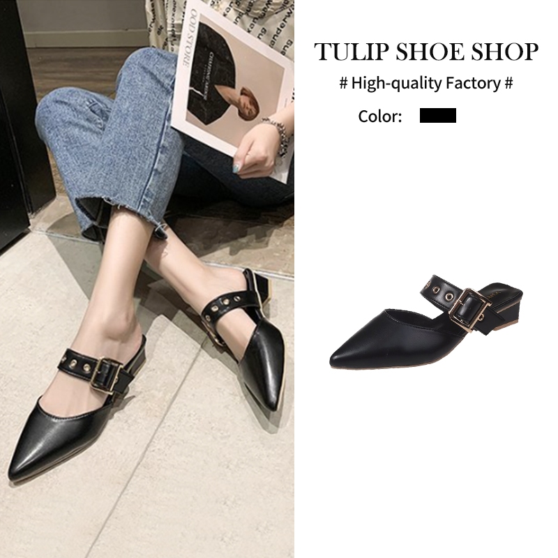 TULIP SHOE รองเท้าส้นสูงหัวแหลมสไตล์ยุโรปและอเมริกา รองเท้าแตะ หัวแหลม หัวเข็มขัดใหม่ของผู้หญิง อารมณ์โลหะ นิ้วเท้า-นิ้วเท้าครึ่งลาก
