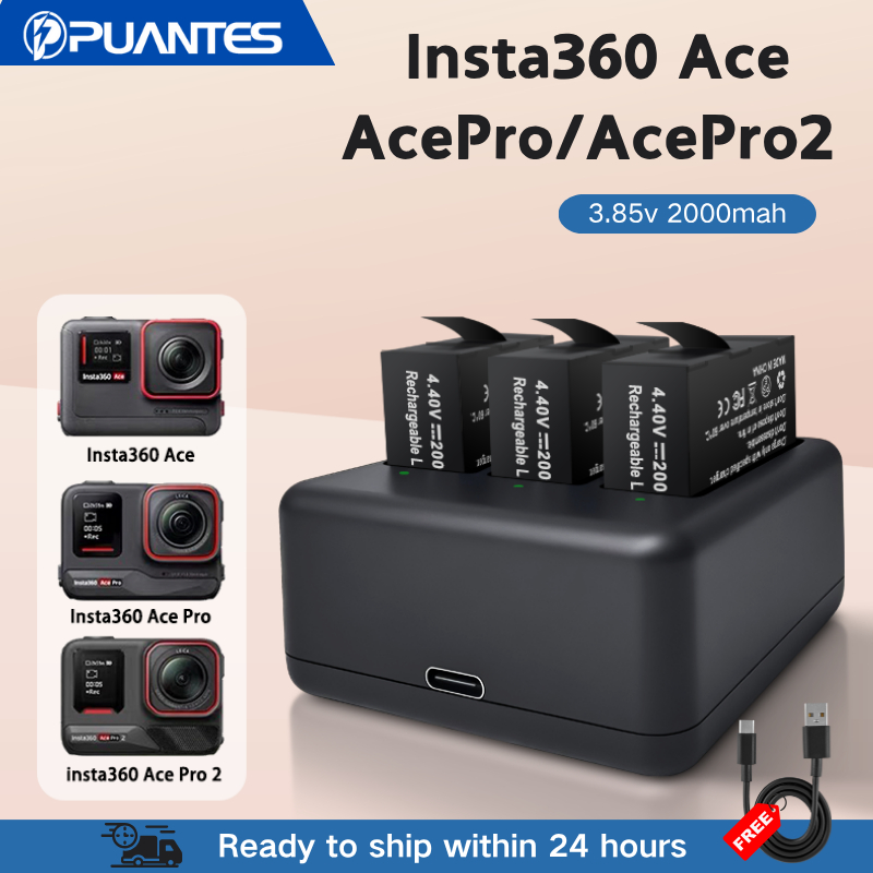 PUANTES Insta360 AcePro2 แบตเตอรี่ + เครื่องชาร์จ USB 3 ช่องจับคู่กับอุปกรณ์เสริม Insta360 Ace/AcePr