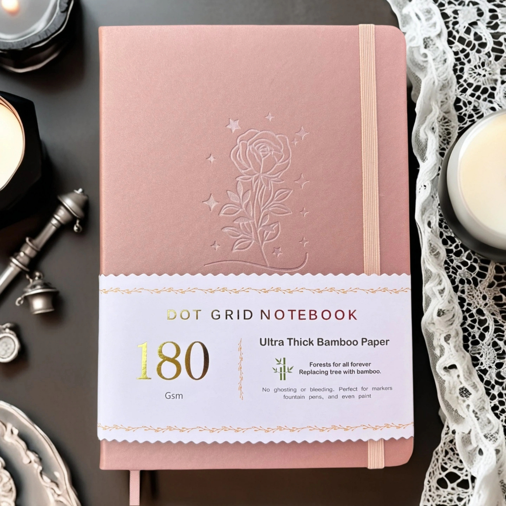 สมุดโน๊ต BUKE A5 Dot Grid – ปกแข็งหนัง PU, กระดาษขอบเงิน, กระดาษไม้ไผ่ 180 แกรมหนาพิเศษ 160 หน้า, แถบยางยืด, กระเป๋า, การออกแบบ Bojo