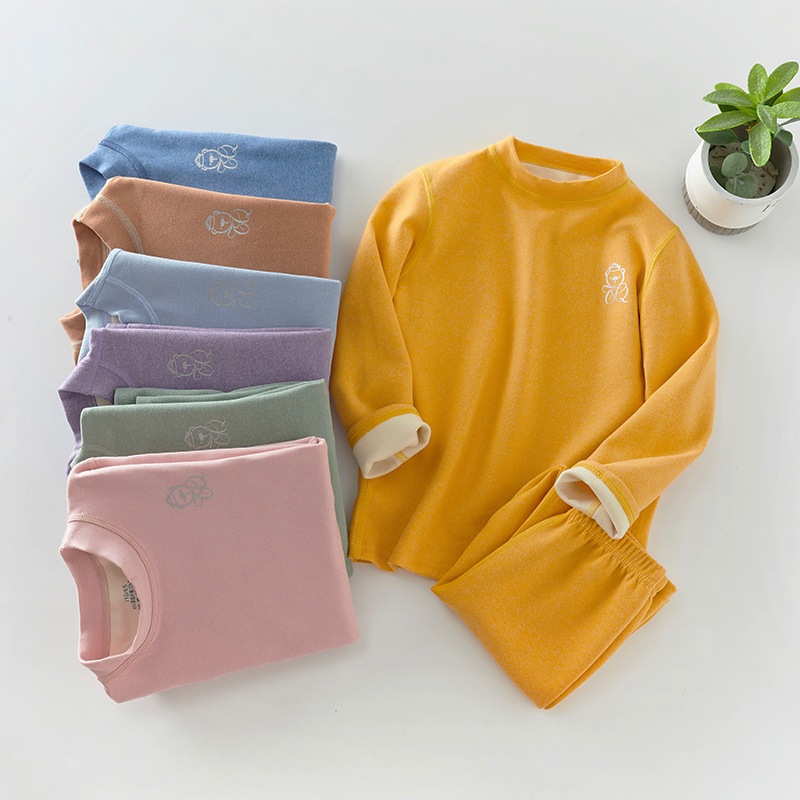 ชุดชุดชั้นในเก็บอุณหภูมิสําหรับเด็ก เด็กชายฤดูใบไม้ร่วงฤดูหนาวคอกลางสีทึบชุดนอนเคลือบด้านชุดสองชิ้น 2-12ย