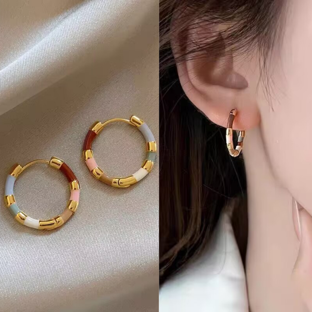 [GG] ต่างหูเคลือบหยดเคลือบสีสันสดใสผู้หญิงหรูหราระดับไฮเอนด์หูสีตัดกันต่างหู