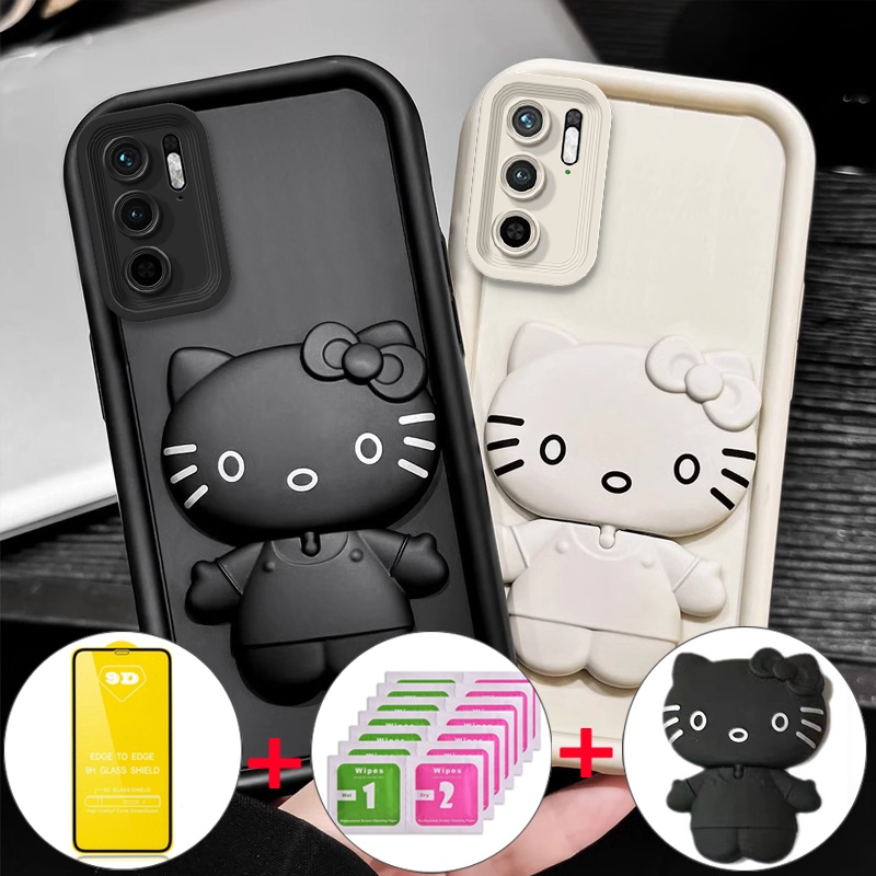 เคสสำหรับ REDMI NOTE 10 5G XIAOMI POCO M3 PRO 5G เคสโทรศัพท์แบบนุ่มซิลิโคนกันกระแทก ดีไซน์ใหม่สวยงามการ์ตูนแมวกระจกพร้อมที่วางและฟิล์มนุ่ม JTMKTM01