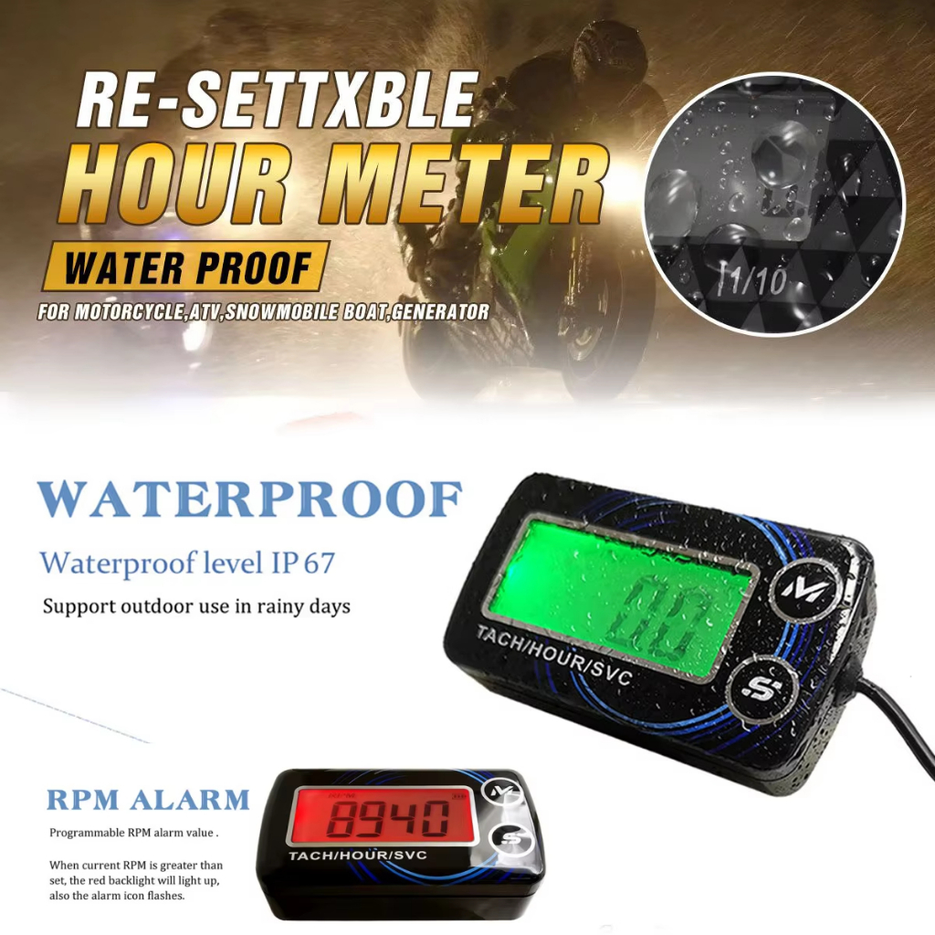 กันน้ํา Digital Gauge เครื่องยนต์ Tach Hour Meter, Tachometer Gauge เครื่องยนต์ RPM จอแสดงผล LCD สําหรับรถจักรยานยนต์รถเรือ