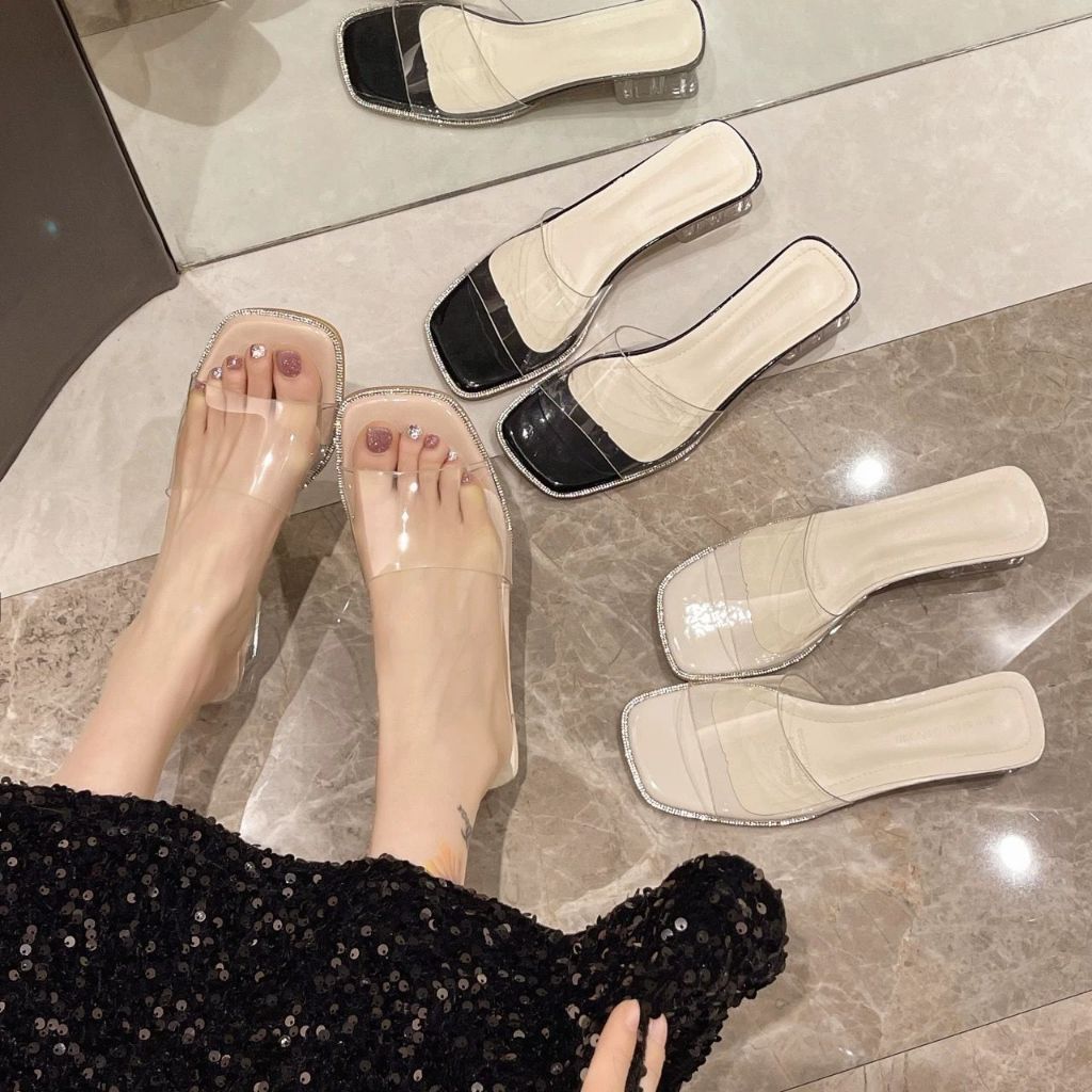 6.18 ฤดูร้อนสไตล์ใหม่โปร่งใสส้นสูง Flip-Flops ผู้หญิงสวมใส่ด้านนอกแฟชั่นคริสตัลส้นหนารองเท้าแตะ All-Match ครึ่งรองเท้าแตะ
