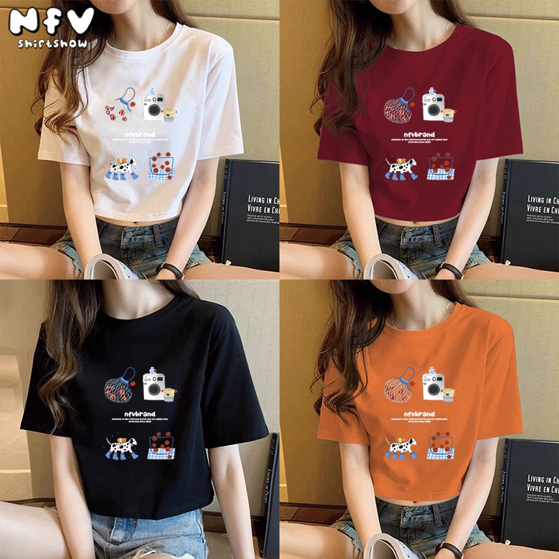 NFV เสื้อยืดเซ็กซี่💕แฟชั่นสไตล์เกาหลี🍒เสื้อยืดคอกลมทรงเข้ารูป ลวดลายน่ารัก ใส่แล้วดูผอม เรียบง่ายแต่ดูดี เอวยางยืด ผู้หญิง baby tee YG2177