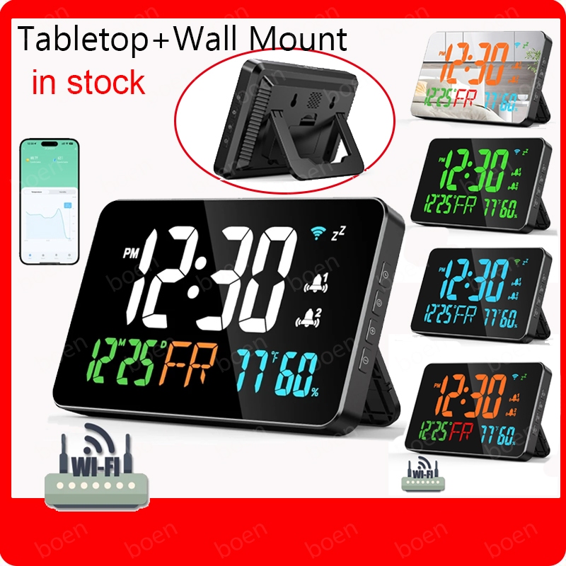 Wifi นาฬิกาแขวนอัจฉริยะนาฬิกาปลุกดิจิตอลอุณหภูมิความชื้นจอแสดงผล 4 ระดับความสว่างโต๊ะโต๊ะอิเล็กทรอนิกส์นาฬิกาปลุก LED ตกแต่งบ้าน