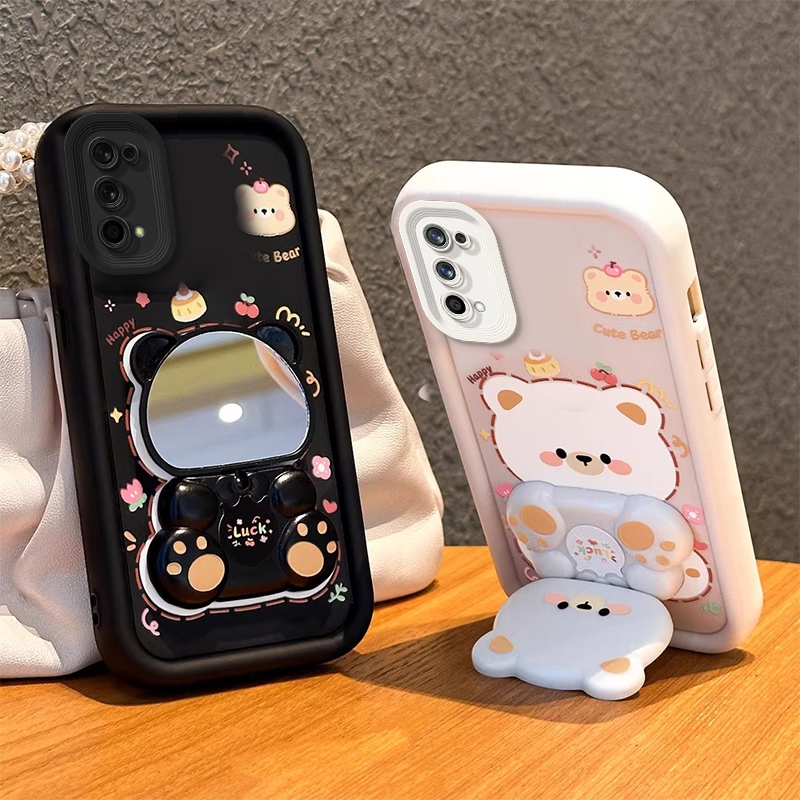เคสสําหรับRealme 7 pro Realme 7i Realme c17 เคสโทรศัพท์Softcaseซิลิโคนกันกระแทกออกแบบใหม่ความงามกระจกหมุนได้น่ารักหมีพร้อมที่วางJTXZJ01