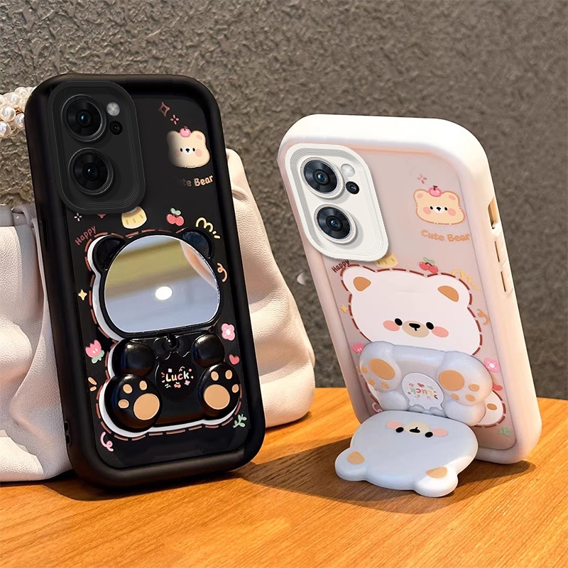 เคสสําหรับOPPO Reno 7 5g OPPO Reno 7 4Gเคสโทรศัพท์Softcaseซิลิโคนกันกระแทกออกแบบใหม่ความงามกระจกหมุนได้น่ารักหมีพร้อมที่วางJTXZJ01
