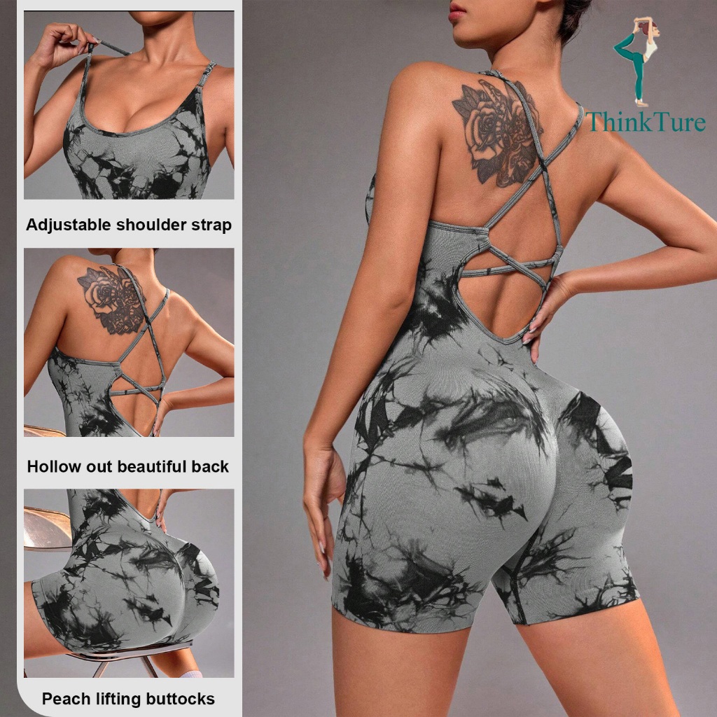 คิดture Tie-dye Seamless One Piece ชุดโยคะผู้หญิง Jumpsuit Romper แห้งเร็ว Breathable แขนกุด Cross Back กีฬาบอดี้สูทสำหรับโยคะและออกกำลังกาย