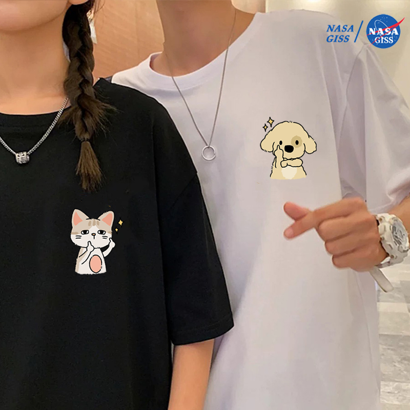 NASA เสื้อยืดแขนสั้น หญิงชาย สไตล์ลำลอง เสื้อน่ารัก summer พิมพ์ลาย"ลูกแมวและลูกสุนัข"เสื้อยืด cotton ทรงหลวม คอกลม เสื้อยืดคู่