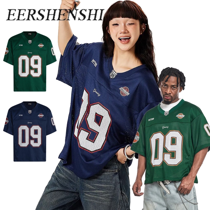 EERSHENSHI เสื้อยืดเบสบอลคอวีพิมพ์ลายตัวเลขสำหรับชุดกีฬาฤดูร้อน