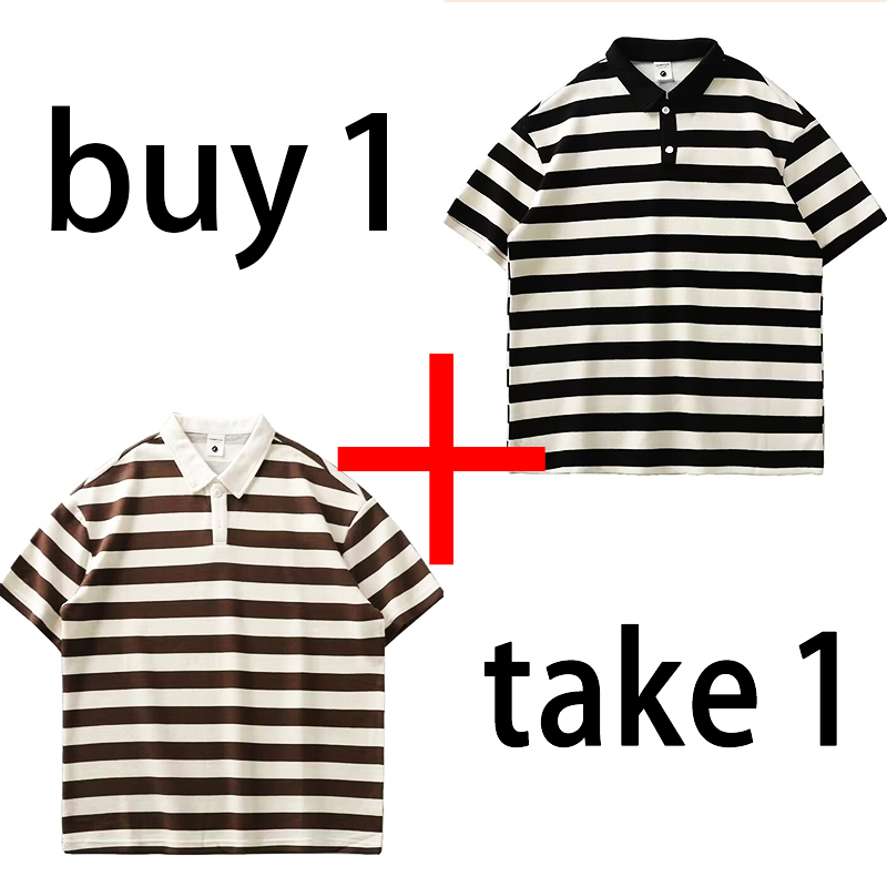 ซื้อ 1 เอา 1 ! เสื้อโปโลลายทางสไตล์เกาหลีคอปกเปิดลงแขนสั้นเสื้อลําลองและทรงหลวมอินเทรนด์