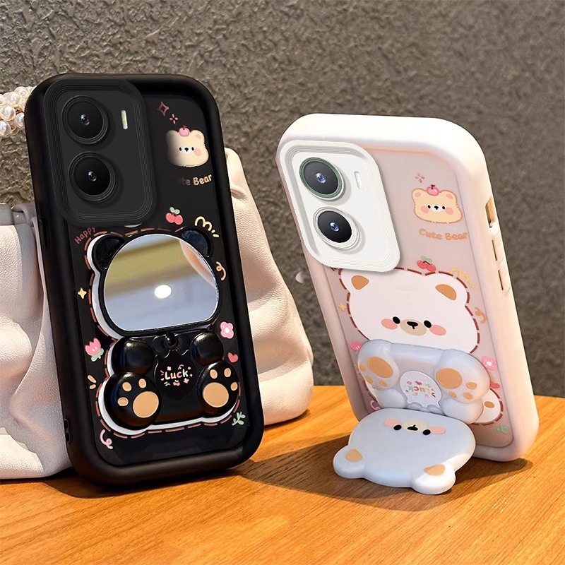 สําหรับVIVO Y03 4G 2023 Y18 4G Y28S 5G Y03T Y03A Y18iเคสโทรศัพท์Softcaseซิลิโคนกันกระแทกใหม่ออกแบบความงามกระจกหมุนได้น่ารักหมีพร้อมที่วางJTX01