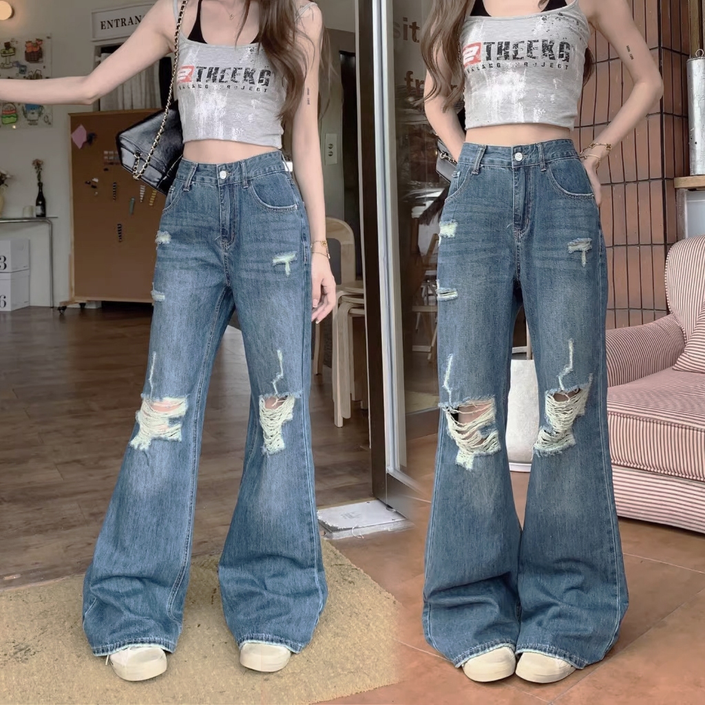 S-5XL กางเกงยีนส์ขายาวสีฟ้าSlim Fit สไตล์เกาหลีเอวสูง casual bigsize HOT