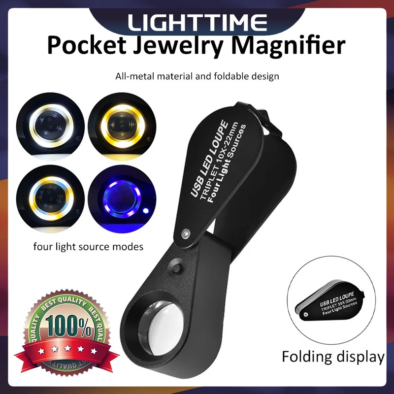 LIGHTTIME กระเป๋าเครื่องประดับ Loupe 10x20x30X เครื่องประดับ Loop แว่นขยายพับได้ LED สีขาว & UV Light สําหรับเหรียญอัญมณีแสตมป์เพชร
