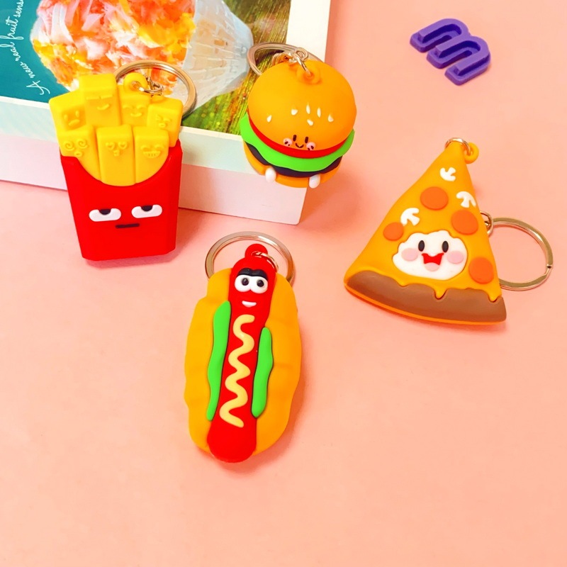 การ์ตูน Hamburg พวงกุญแจ French Fries 3D PVC พิซซ่าสุนัขร้อนจําลองอาหาร Creative จี้ของขวัญ