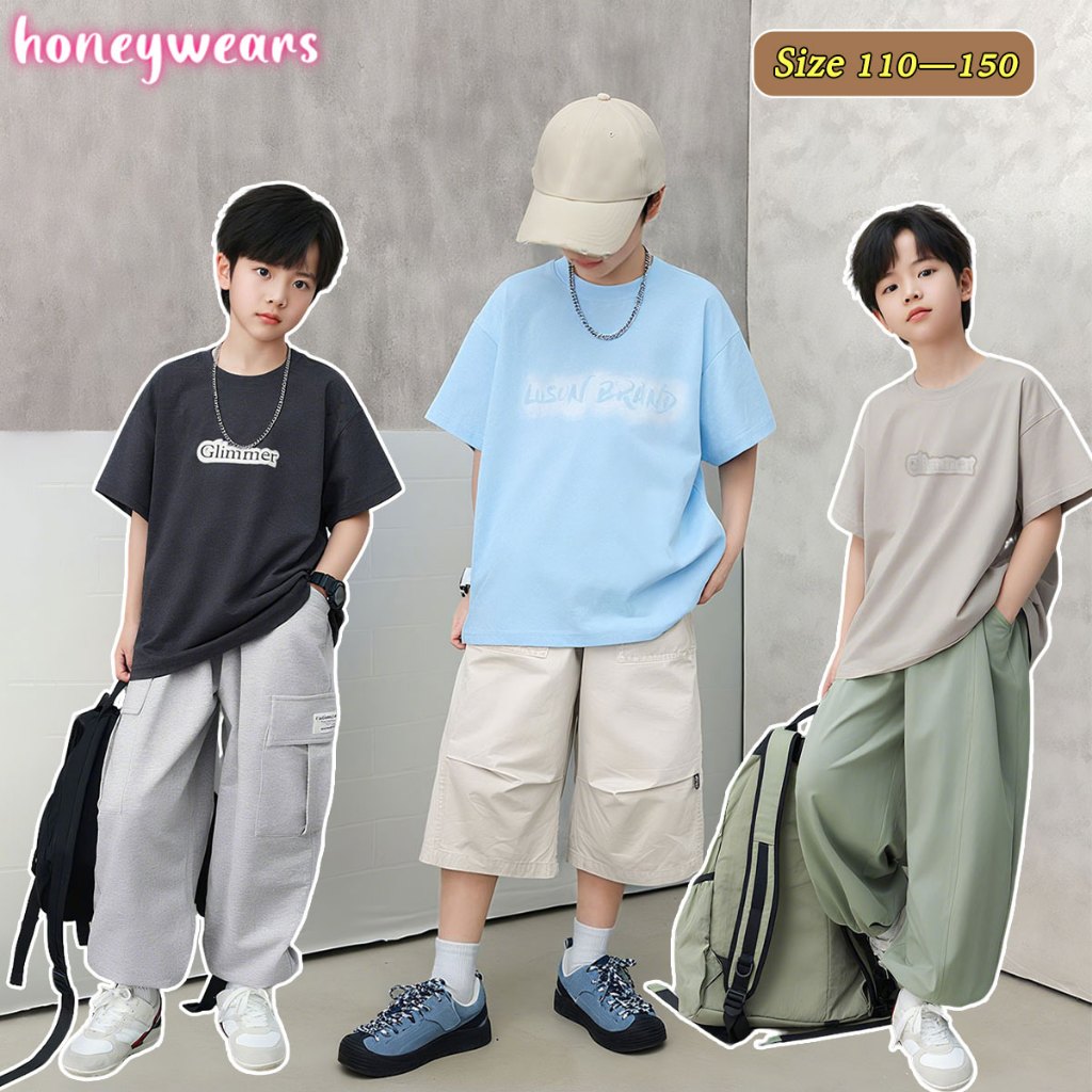 honeywears⚡️พร้อมส่ง⚡️เสื้อยืดแขนสั้นคอกลมสำหรับเด็กผู้ชาย ลำลอง อินเทรนด์และทันสมัย ไตล์เกาหลี ไซส์ 110-150