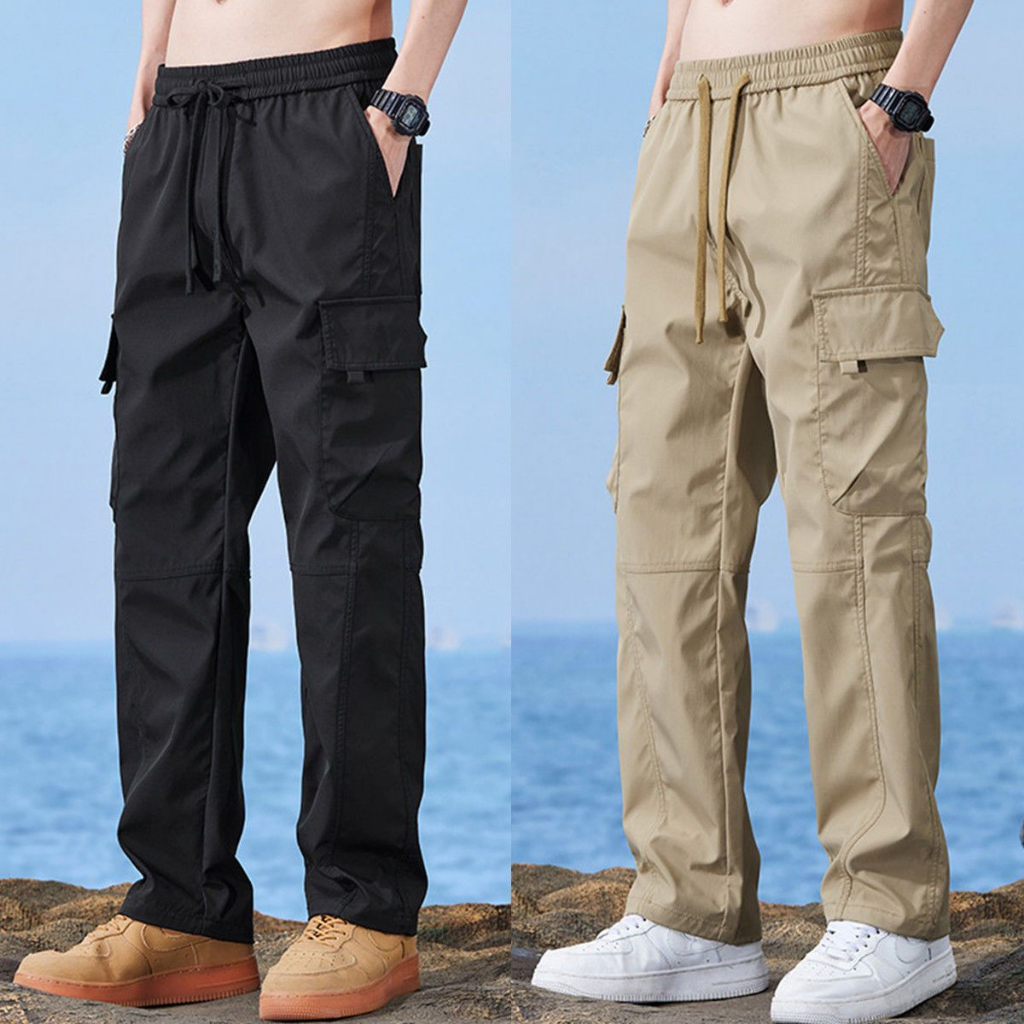 พร้อมส่ง กางเกงคาร์โก้ผู้ชาย กางเกงขายาวคาร์โก้สไตล์อเมริกันลำลองที่มีกระเป๋ เอว