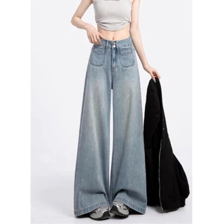 S-5XL กางเกงยีนส์ขายาว ขากว้าง สีฟ้า ทรงหลวม เอวสูง สไตล์เกาหลี Bigsize HOT