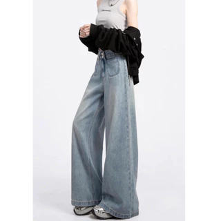 S-5XL กางเกงยีนส์ขายาว ขากว้าง สีฟ้า ทรงหลวม เอวสูง สไตล์เกาหลี Bigsize HOT