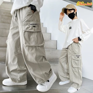 Kids Multi - Pocket Cargo Pants กางเกงเด็ก กางเกงเด็กชาย 6 - 14Y เอวยางยืด Baggy กางเกงขากว้าง (สีดํา/เบจ)