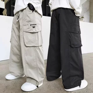 Kids Multi - Pocket Cargo Pants กางเกงเด็ก กางเกงเด็กชาย 6 - 14Y เอวยางยืด Baggy กางเกงขากว้าง (สีดํา/เบจ)