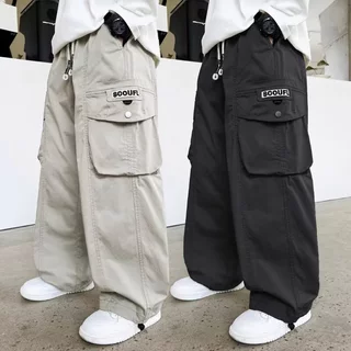 Kids Multi - Pocket Cargo Pants กางเกงเด็ก กางเกงเด็กชาย 6 - 14Y เอวยางยืด Baggy กางเกงขากว้าง (สีดํา/เบจ)
