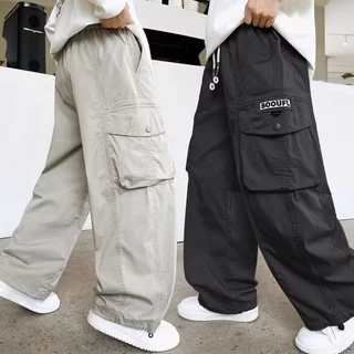 Kids Multi - Pocket Cargo Pants กางเกงเด็ก กางเกงเด็กชาย 6 - 14Y เอวยางยืด Baggy กางเกงขากว้าง (สีดํา/เบจ)
