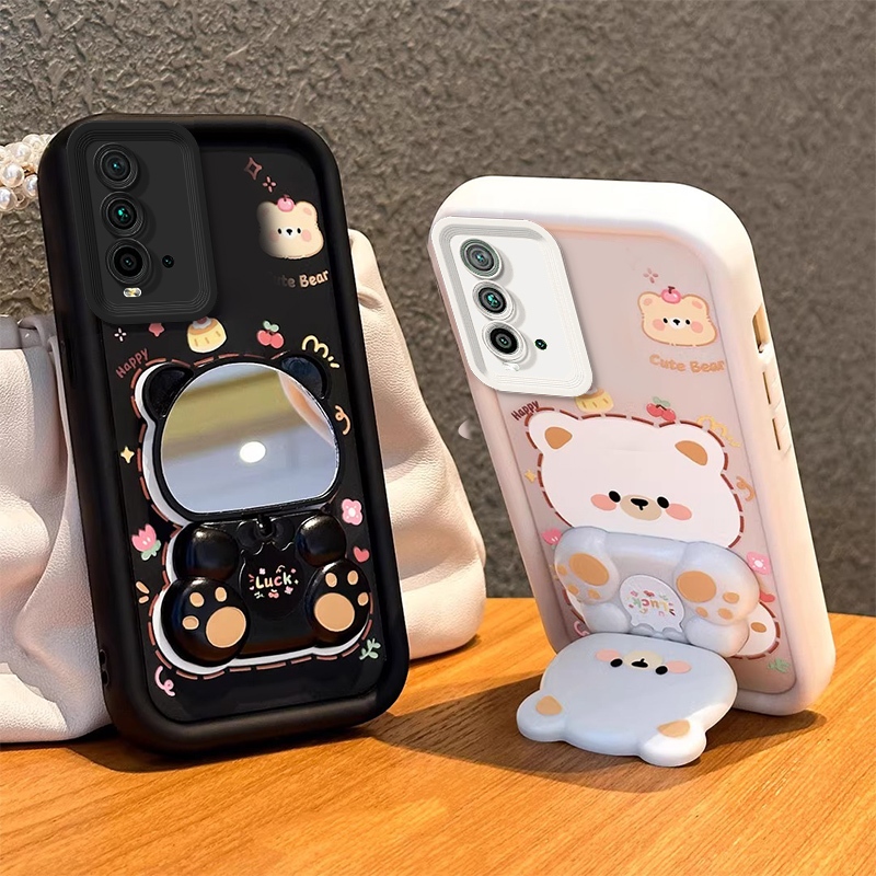 เคสสําหรับRedmi 9Tเคสโทรศัพท์Softcaseซิลิโคนกันกระแทกดีไซน์ใหม่ความงามกระจกหมุนได้น่ารักหมีพร้อมที่วางJTXZJ01