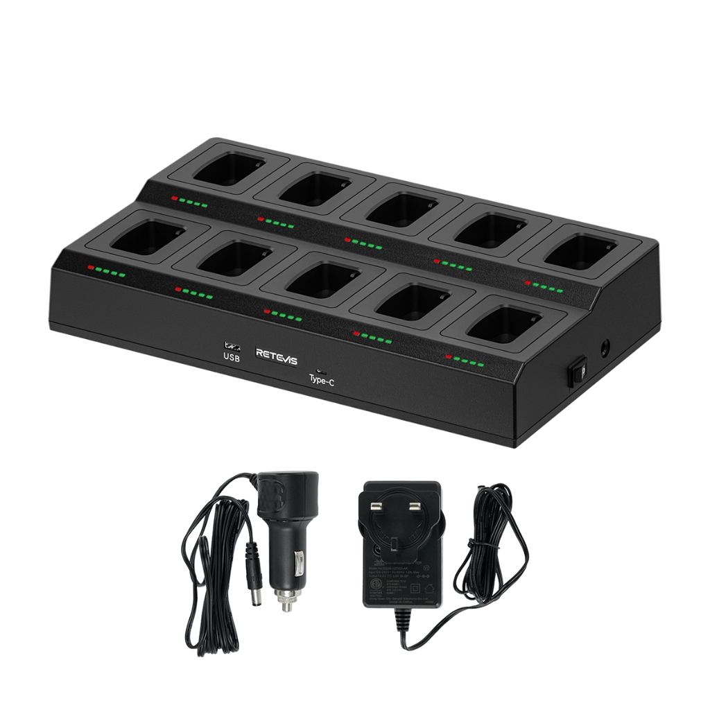 Retevis RTC777T 10 Way Charger ประสิทธิภาพสูงเปลี่ยนช่องเดียว 5 ตัวบ่งชี้ LED พอร์ต USB และ Type-C ส