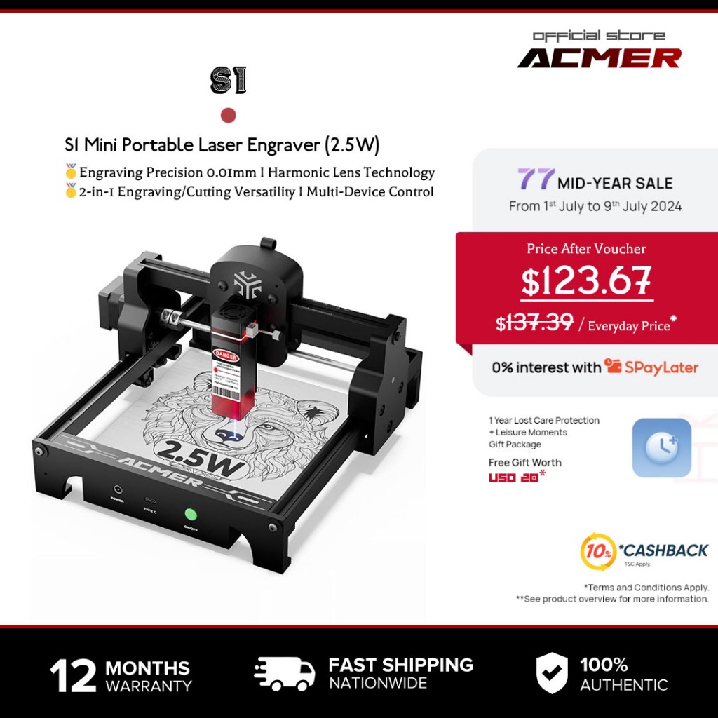 ACMER เครื่องแกะสลักเลเซอร์แบบพกพา S1เครื่องตัดเลเซอร์และแกะสลัก CNCสำหรับงาน DIY บนไม้/โลหะ/อะคริลิก/หนังสัตว์ ฯลฯ