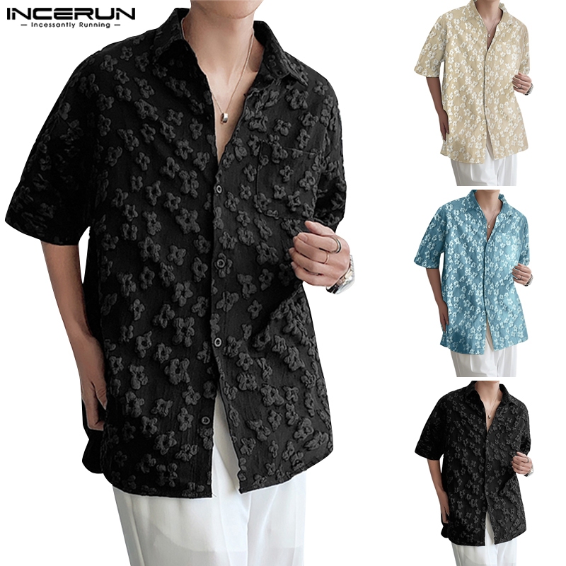 Incerun เสื้อเชิ้ตแขนสั้น ลายดอกไม้นูน แฟชั่นสําหรับผู้ชาย