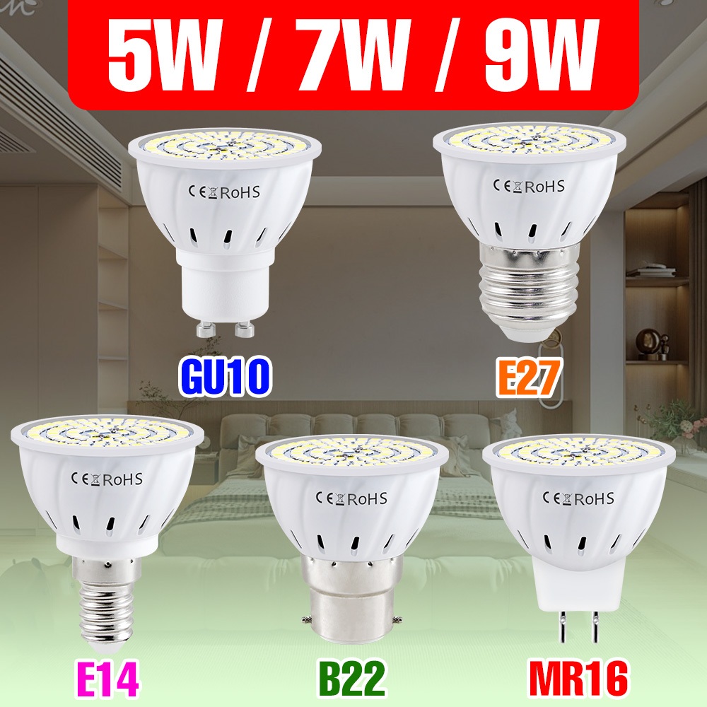 GU10 หลอดไฟ LED MR16 Daylight Bright Spotlight 220V หลอดไฟดาวน์ไลท์ E27 เทียนโคมไฟข้าวโพด E14 ห้องนอนห้องนั่งเล่น Washroom GU5.3 ประหยัดพลังงานป้องกันดวงตาแสงในร่ม B22