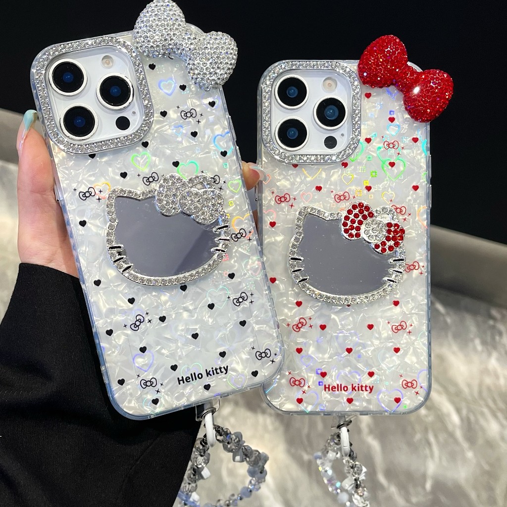 NewFrame & Bezel Diamond Series 3D Kitty Mirror & Bow Heart Pattern IMD Phone Case, with Bracelet, For iPhone 11 12, 13, 14, 15, 16, 17 Series