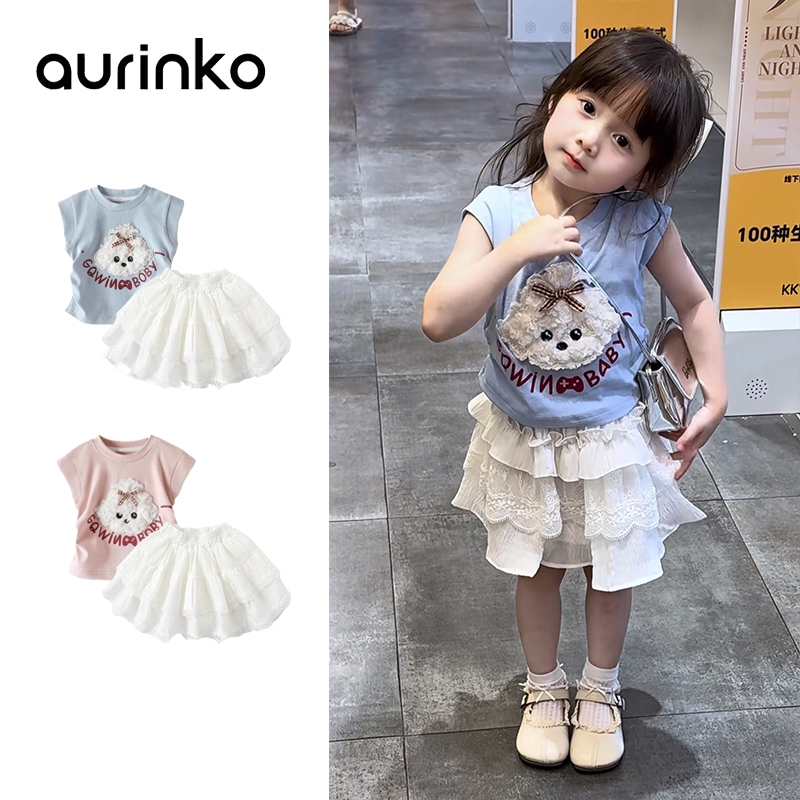 [Aurinko] สไตล์เกาหลี ชุดเซ็ทเด็ก เสื้อแขนสั้นสำหรับสุนัข + กระโปรงครึ่งตัว (รวมกางเกงเซฟตี้) ชุดเด็กผู้หญิง ชุดเด็กผู้หญิงฤดูร้อน 2-9ปี