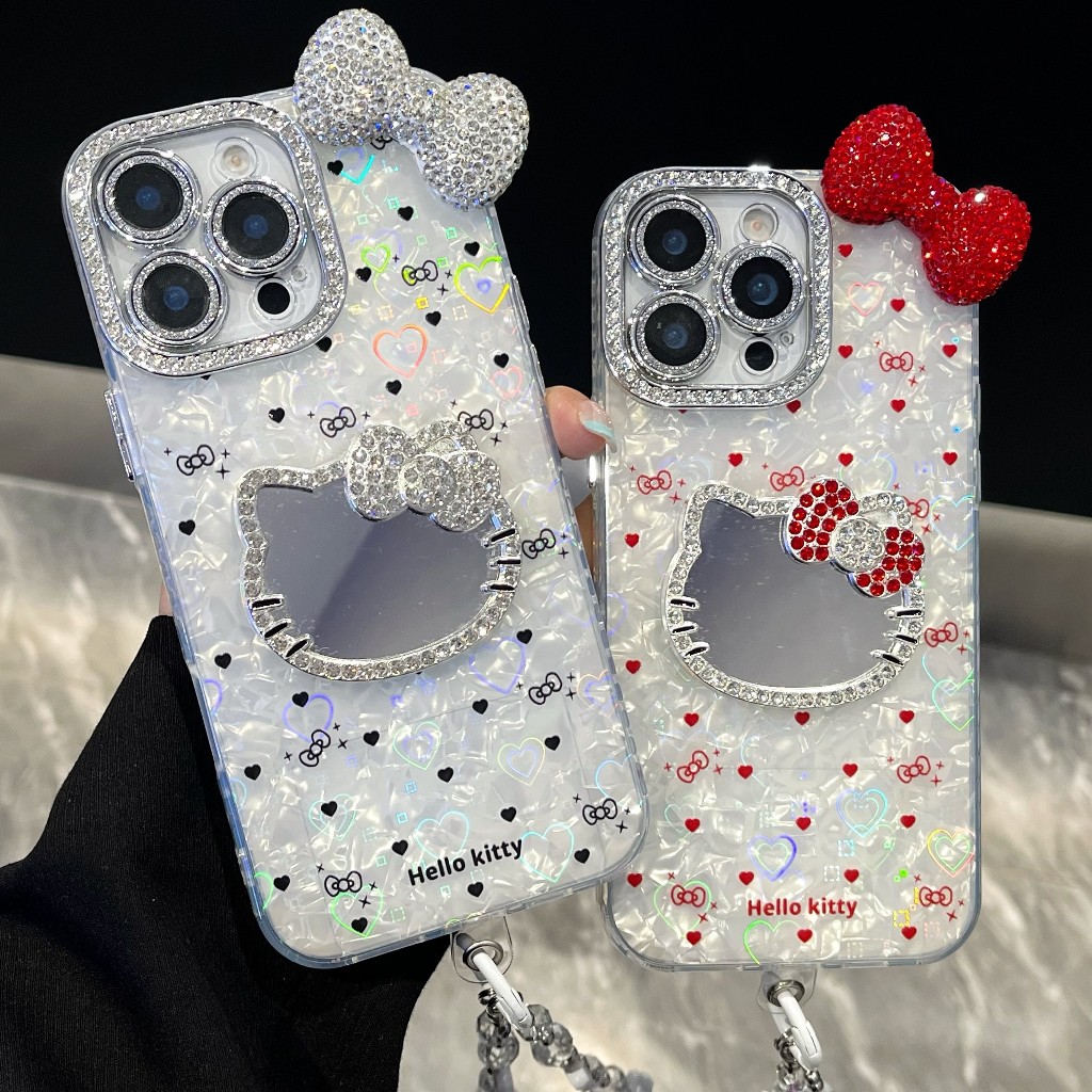 NewSelf-contained Lens Frame & Bezel Diamond Series 3D Kitty Mirror & Bow Heart Pattern IMD Phone Case, with Bracelet, For iPhone 11 12, 13, 14, 15, 16, 17 Series