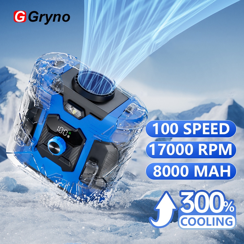 Gryno 8000mAh พัดลมเอวแบบพกพามือถือ Mini Fan USB ชาร์จ 1-100 ความเร็ว Strong Wind cooler พร้อมไฟฉายสําหรับคนงานกลางแจ้ง