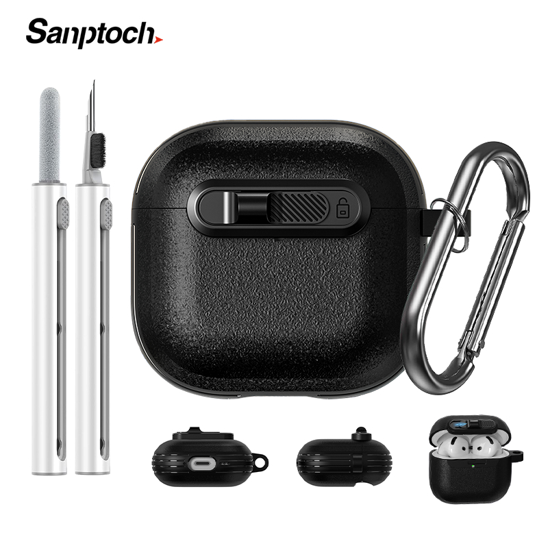 Sanptoch AirPods 5 Pro 3 4th / Pro2 / 3rd Gen Protection Case ในตัวความปลอดภัยล็อคหัวเข็มขัดชุดหูฟังปลอกปากกาทําความสะอาดกันกระแทก Soft TPU + Hard Pc คลุมทั้งหมดพร้อมเชือกเส้นเล็ก