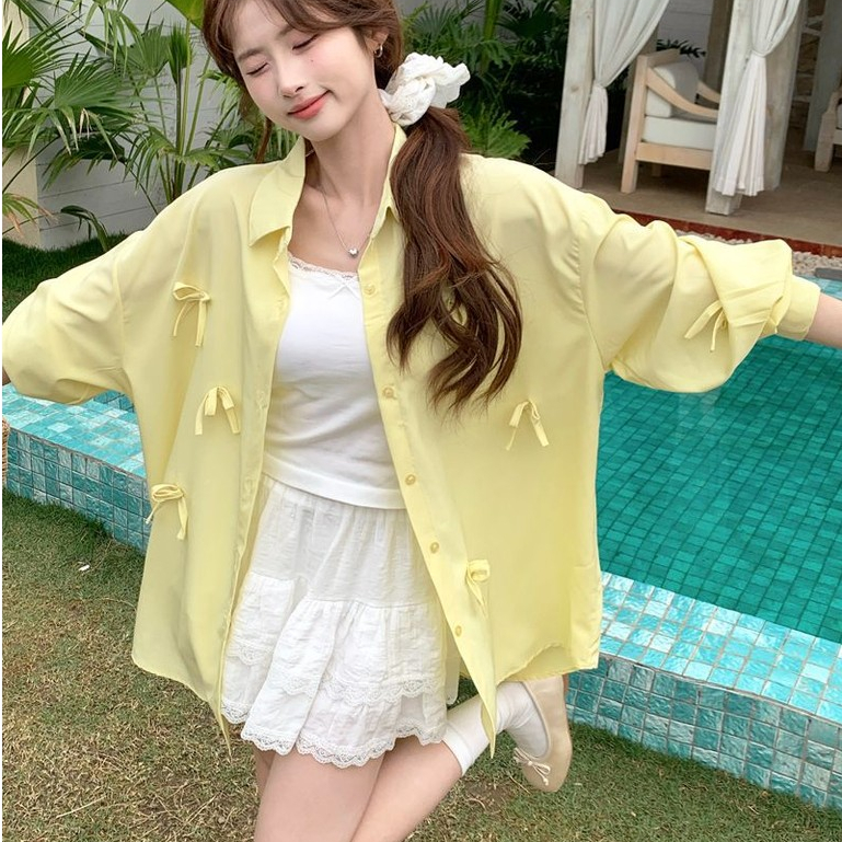 Floerns เสื้อเบลาส์ผู้หญิง มีกระดุม สไตล์ลำลอง โบว์ลำลองทรงหลวม