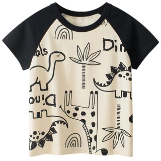 เสื้อยืดแขนสั้น ผ้าฝ้าย พิมพ์ลายไดโนเสาร์ สีสันสดใส แฟชั่นสําหรับเด็กผู้ชาย