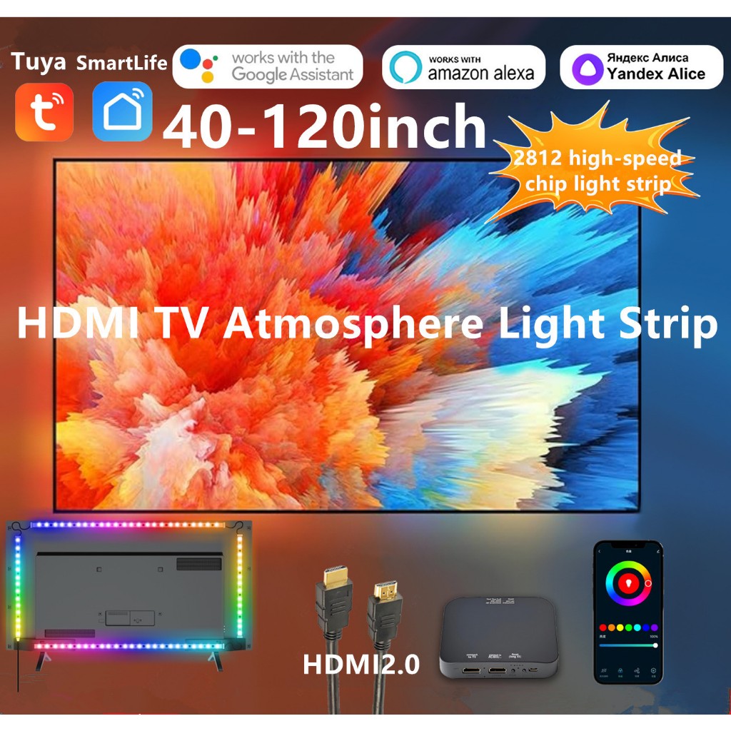 TUYA Wifi สมาร์ท HDMI2.0 TV ไฟเส้นติดหลังทีวี บรรยากาศแถบ RGBIC LED แสงสําหรับ 40-120 นิ้วทีวี