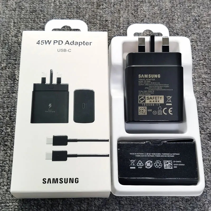 Samsung 45W UK Charger Super Fast Charge Adapter สําหรับ Galaxy S25 S24 S23 S22 S21 S20 หมายเหตุ 20 