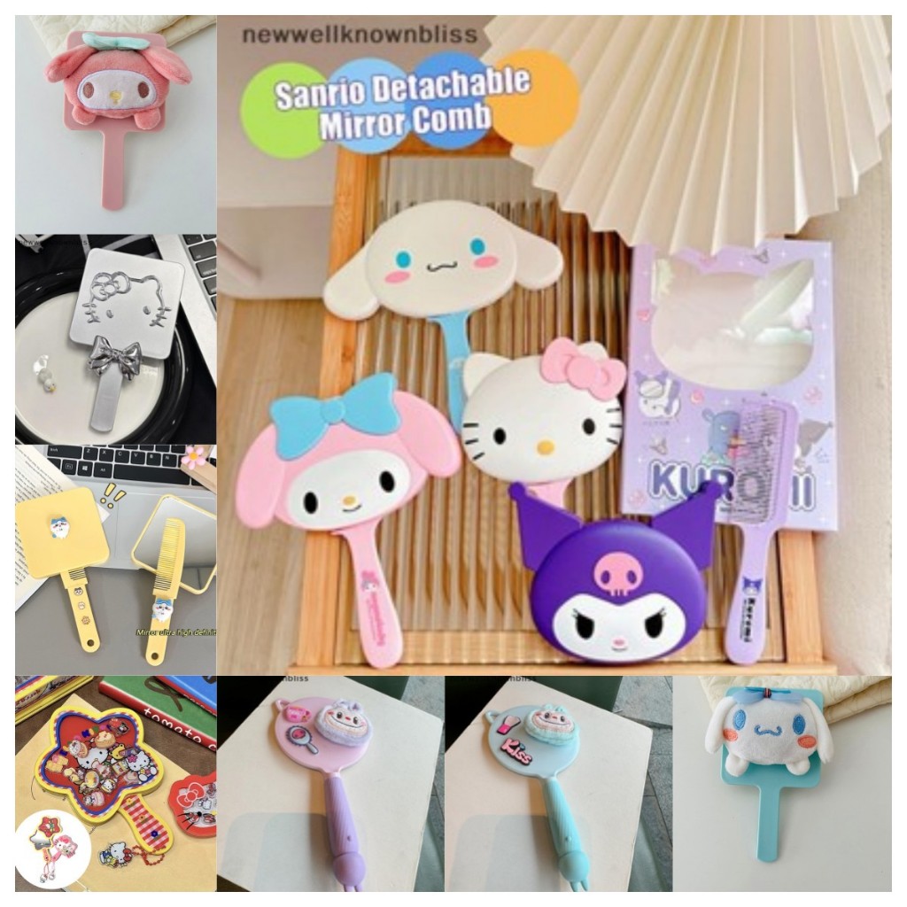 Newwellknownbliss Kawaii Sanrio Hello Kitty กระจกแต่งหน้ามือถือ Wb Cinnamoroll Kuromi My Melody Handle Make Up กระจกสาวของขวัญ CCD