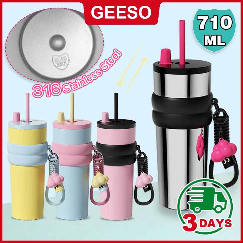 GEESO 710ML Thermal Cup With Straw ฟางถ้วยเก็บความร้อน จุขนาดใหญ่ 316 สแตนเลส พร้อมหลอด แก้วกาแฟ ถ้วยน้ำความ 吸管冰霸杯
