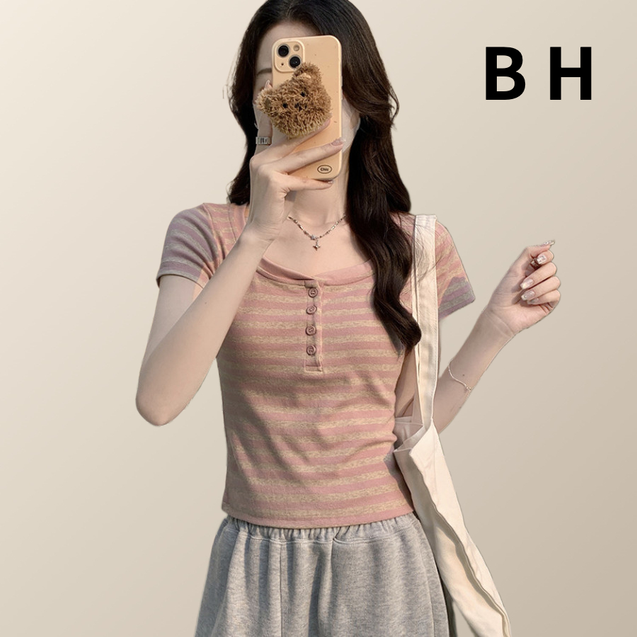 Bh ฤดูร้อน ผู้หญิง ผ้าฝ้าย ตรง ไหล่ ลายทาง เสื้อยืด แขนสั้น สั้น สลิม ครึ่งคอ เปิดไหปลาร้า
