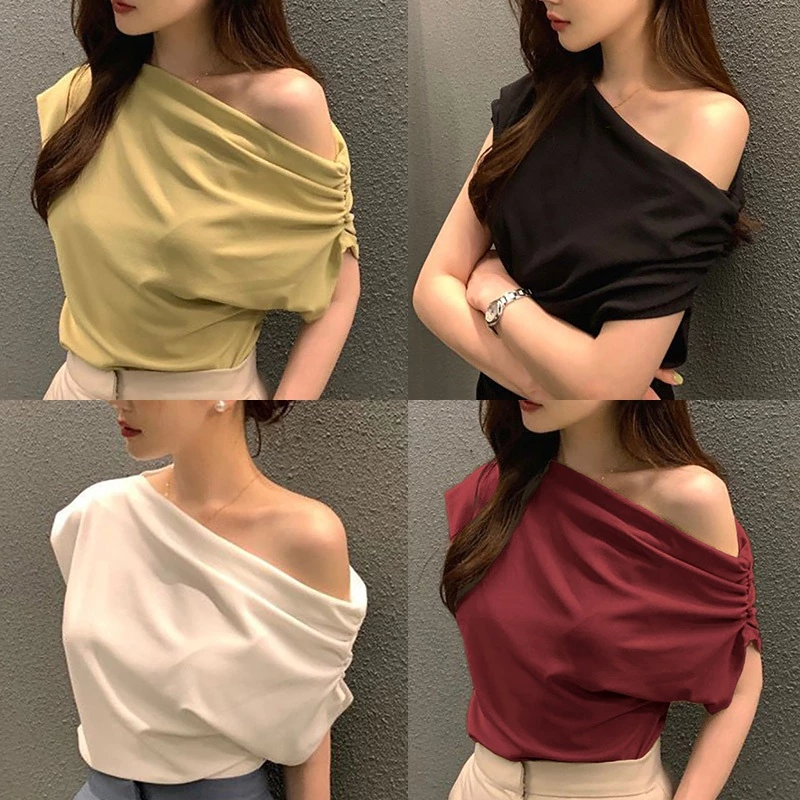【4colors】เสื้อยืดเปิดไหล่ ผู้หญิง ทรงหลวม สีทึบ เสื้อครอป แขนสั้น แฟชั่นเกาหลี ไว้วันหยุด