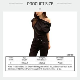 【4colors】เสื้อยืดเปิดไหล่ ผู้หญิง ทรงหลวม สีทึบ เสื้อครอป แขนสั้น แฟชั่นเกาหลี ไว้วันหยุด