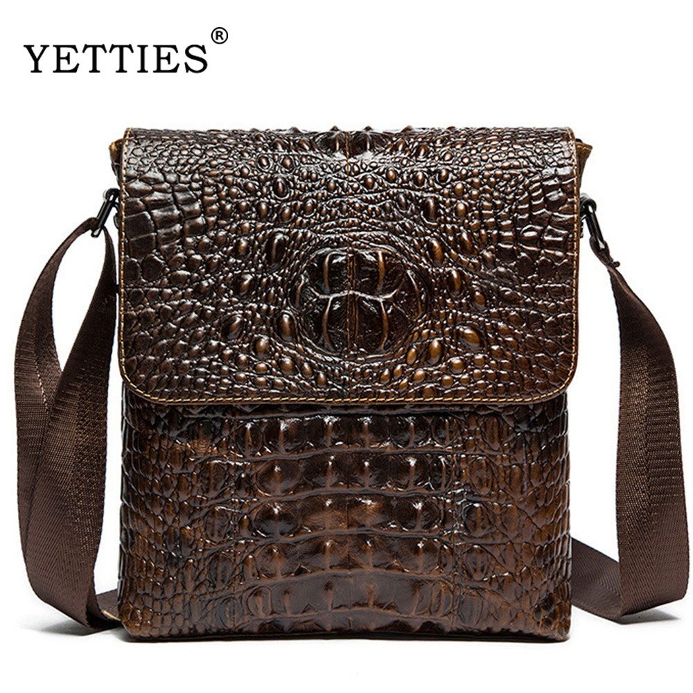 YETTIES กระเป๋าสะพาย หนังแท้ อัดลายจระเข้ สำหรับผู้ชาย สีน้ำตาลเข้ม
