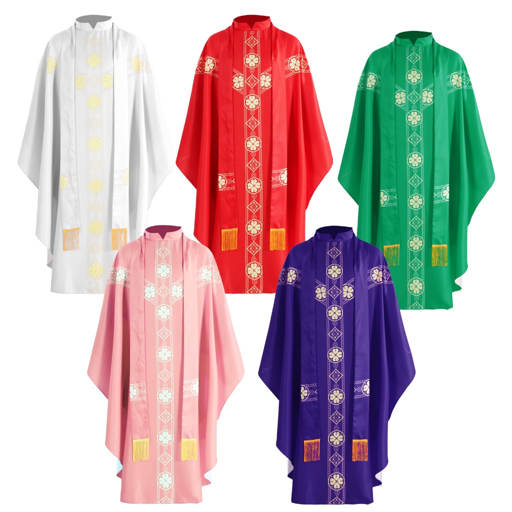 ฮาโลวีนพรีสต์คอสเพลย์ Celebrant Chasuble คาทอลิกคริสตจักรพ่อ Mass Vestments Robe พู่สำหรับชาย