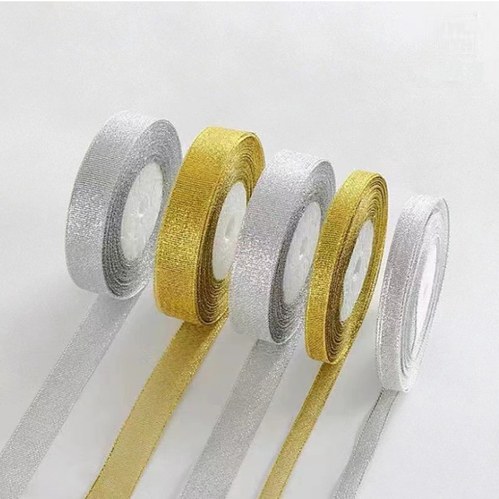 ริบบิ้นเนื้อทราย สีเงิน สีทอง 25 หลา / ม้วน   ริบบิ้นทำโบว์ ริบบิ้นผ้า DIY  ริบบิ้นห่อเค้ก - รูปที่ 4